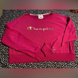 EUC Champion oversized crop sweatshirt pink with flowered logo small